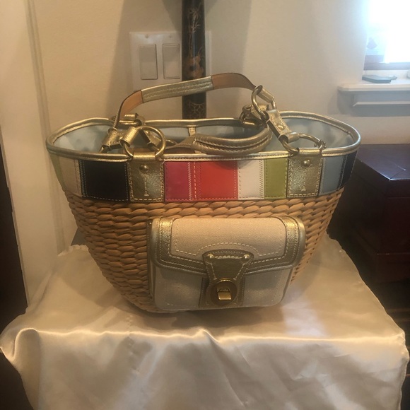 COACH LEATHER/STRAW SATCHEL BEACH TOTE NWOT VINTAGE! - Picture 4 of 15
